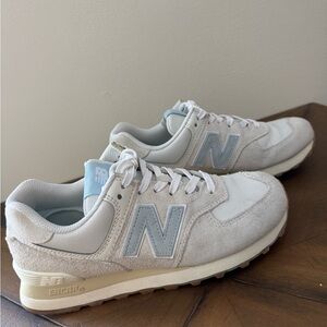 New Balance 574 Cream and Light Blue Sneakers